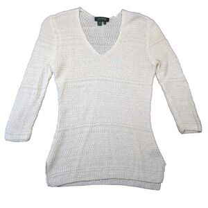 Lauren Ralph Lauren Linen Sweater M Ivory Open Knit 3/4 Sleeve Clean Preppy Luxe